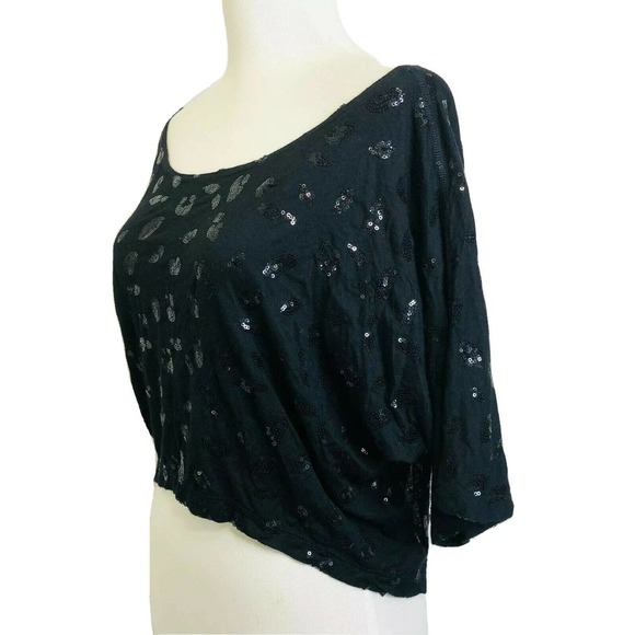 Bebe Sequin Blouse Black Slouchy Shark Bite Hem Cropped Top - Picture 3 of 9